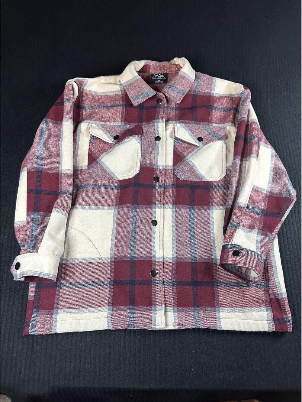 🪵🔥 HFX Plaid Flannel Shirt Jacket Red Tan Snap Front M/M 🔥🪵